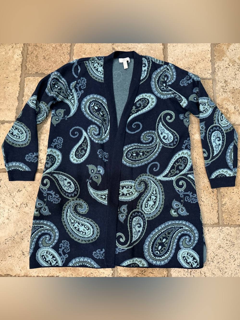 Paisley Open-Front Cardigan Sweater in Navy and Light Blue